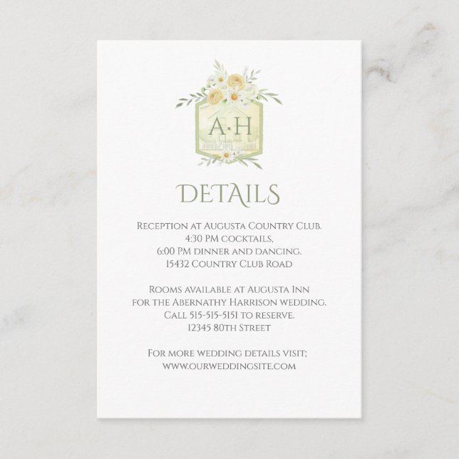 Cartão De Informações Crista de Monograma com Detalhes em Aquarela Flora (Frente)