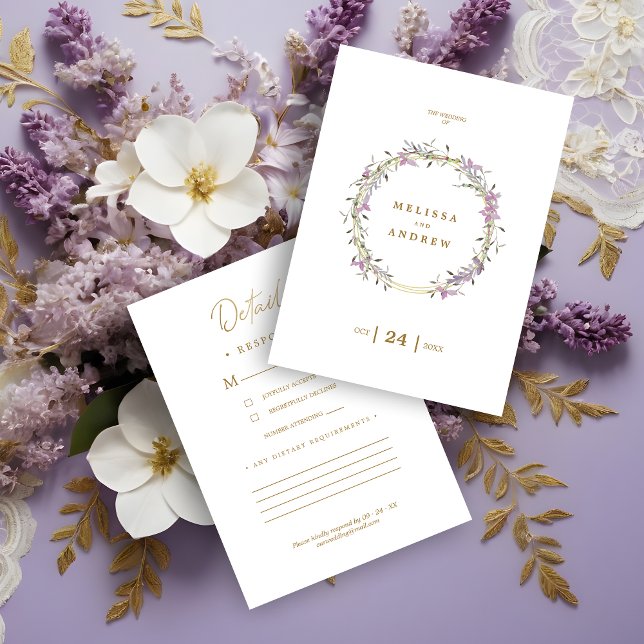 Cartão De Informações Custom Lilac Elegant Garland Wreath Wedding (Custom Lilac Elegant Garland RSVP Card.)