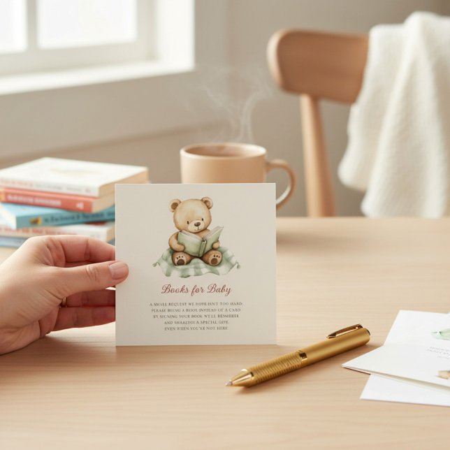 Cartão De Informações Cute Bear Reading Book Baby Shower Book Request  (Criador carregado)