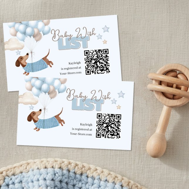 Cartão De Informações Dachshund QR Code Baby Registry Website Blue (Baby Shower QR Code Registry cards. Dachshund and balloons design in blue and beige)