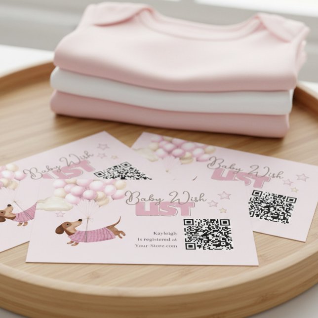 Cartão De Informações Dachshund QR Code Baby Registry Website Pink (Dachshund Teenie Weenie QR Code Card - Girl Baby Shower stationery.)