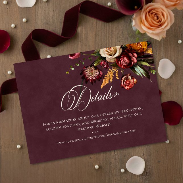Cartão De Informações Dark Elegant Autumn Floral Burgundy Wedding Detail (Criador carregado)