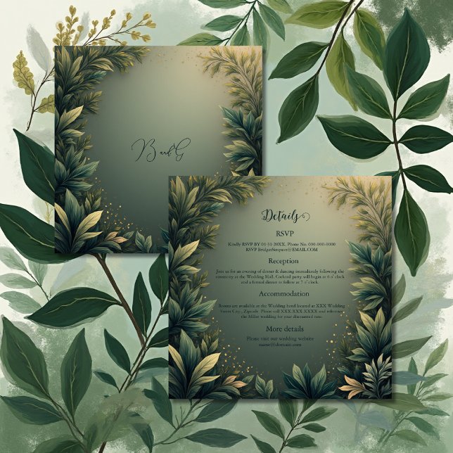 Cartão De Informações dark green elegant nature wedding (Criador carregado)