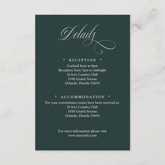 Cartão De Informações Dark Green Script Details Enclosure Card (Frente)