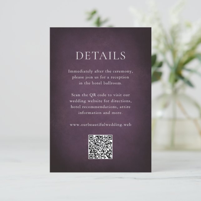 Cartão De Informações Dark Purple Fine Art Floral Elegant Wedding (Em pé/Frente)
