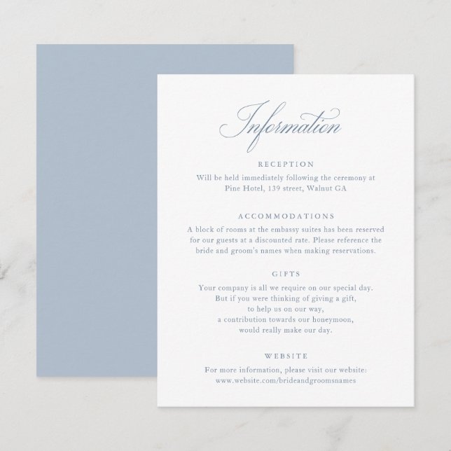 Cartão de Informações de Casamento Azul de Script  (Frente/Verso)