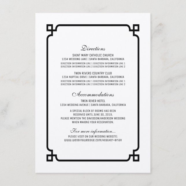 Cartão de Informações de Casamento Black Deco Chic (Frente)