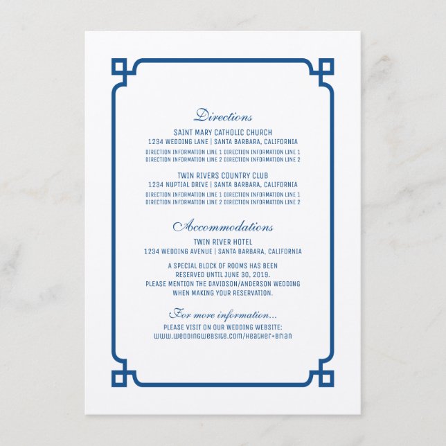 Cartão de Informações de Casamento Chic Deco Azul  (Frente)