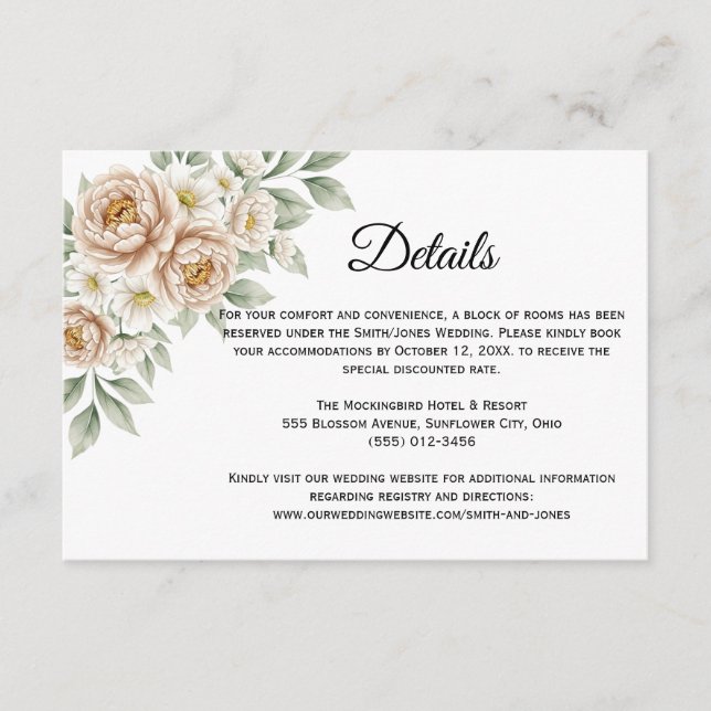 Cartão de Informações de Casamento com Flores de P (Frente)