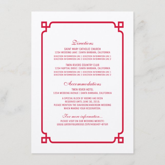 Cartão de Informações de Casamento Red Deco Chic (Frente)