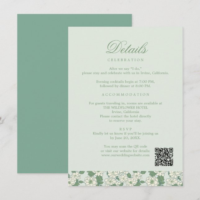 Cartão de Informações de Casamento Verde Sage (Frente/Verso)