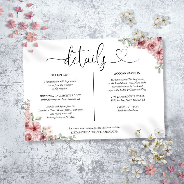 Cartão de Informações de Detalhes do Coração Flora (Roses Floral Heart Script Details Information Card)