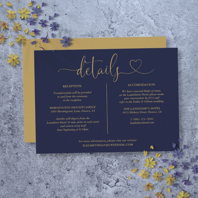 Cartão de Informações de Detalhes em Letra Dourada (Navy Blue And Gold Script Details Information Card)