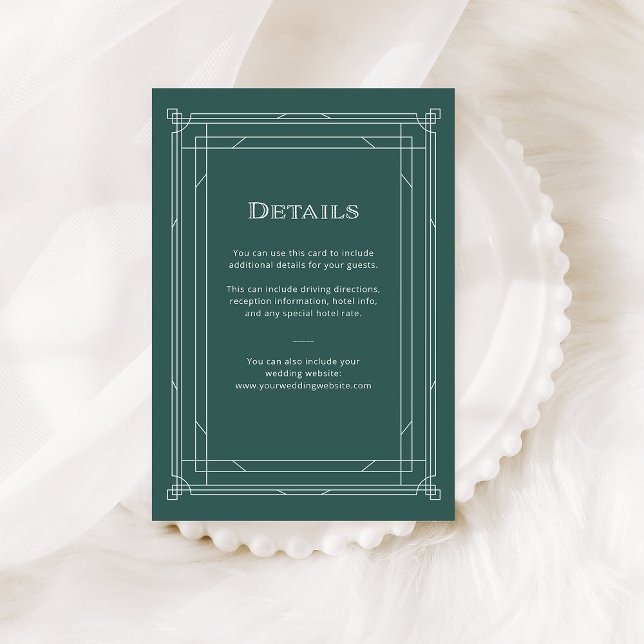 Cartão De Informações Deco Moderno | Detalhes do Convidado de Casamento  (An elegant, green art deco style guest details card for your holiday wedding)