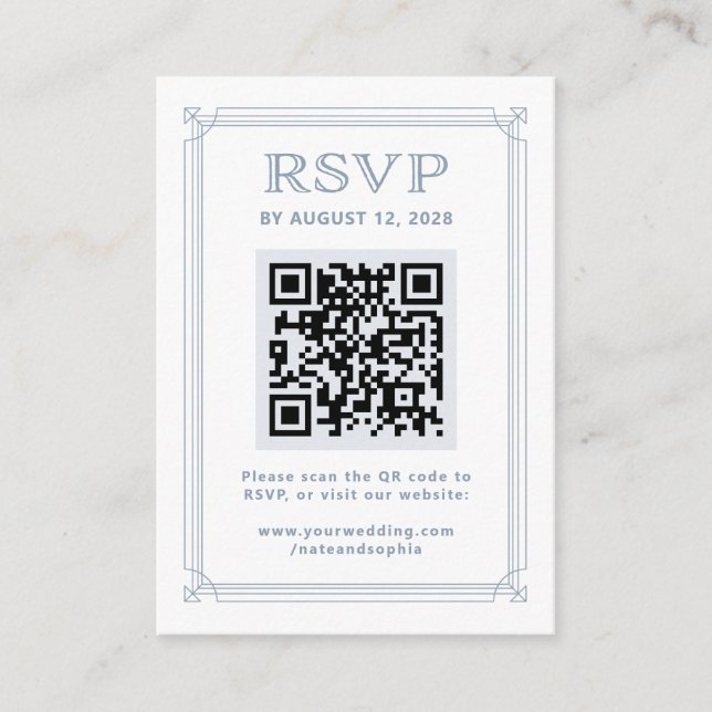 Cartão De Informações Deco Moderno RSVP com Código QR | Branco e Azul (Frente)