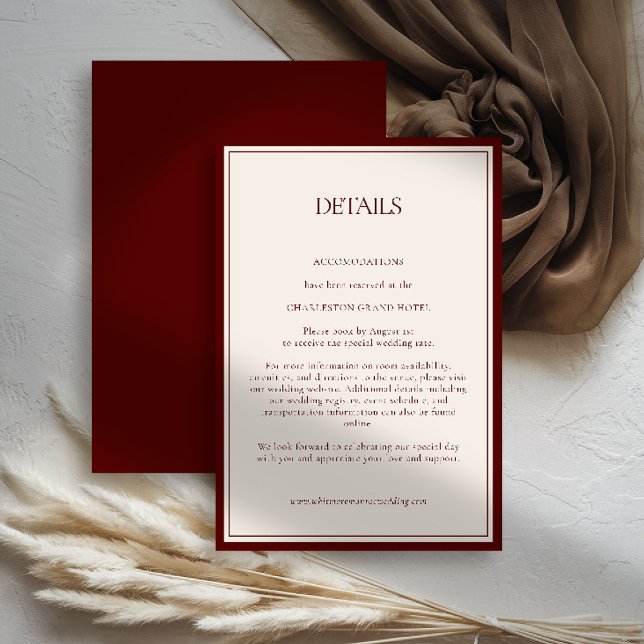 Cartão De Informações Deep Burgundy Formal Modern Classic Estate Wedding (deep burgundy wedding details quiet luxury old money double frame formal modern classic estate)