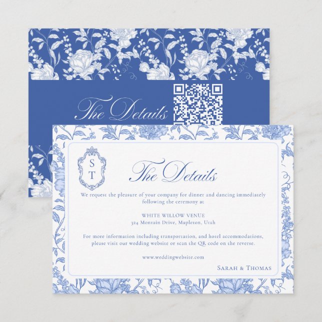 Cartão De Informações Delft Blue Floral Chinoiserie Monogram Wedding (Frente/Verso)