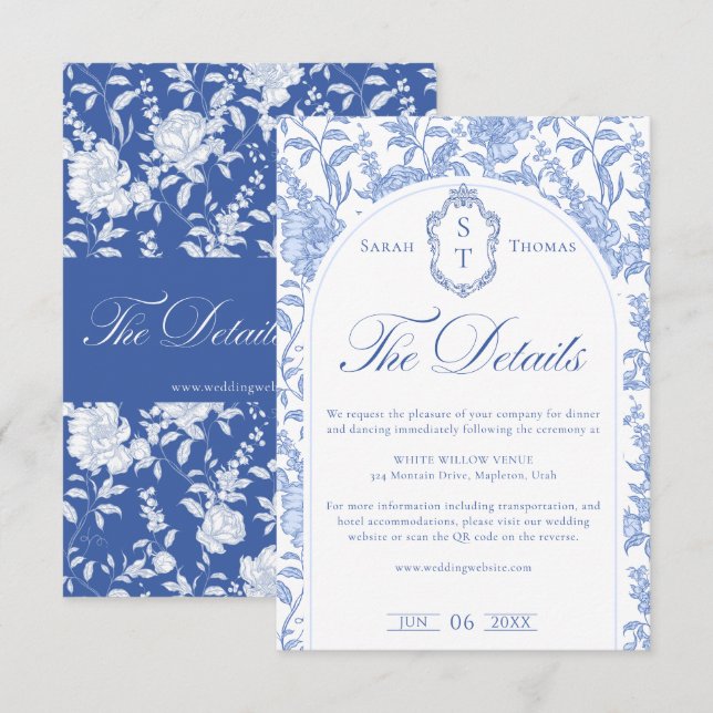 Cartão De Informações Delft Blue Floral Chinoiserie Monogram Wedding (Frente/Verso)