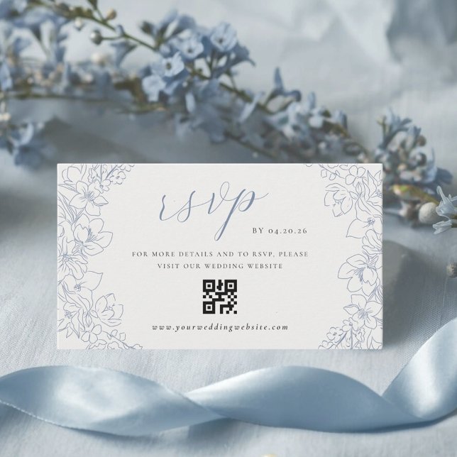 Cartão De Informações Delicate Blue Floral Wedding QR code RSVP (Criador carregado)