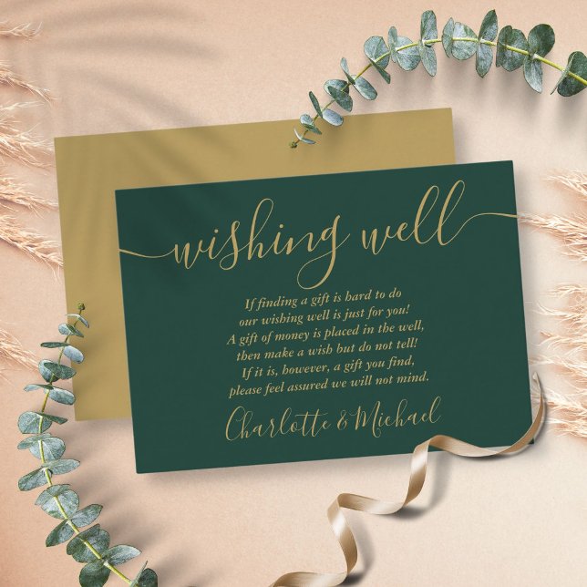Cartão De Informações Desejo Bem Verde Esmeralda E Dourado Casamento (Wishing Well Emerald Green And Gold Wedding Enclosure Card)