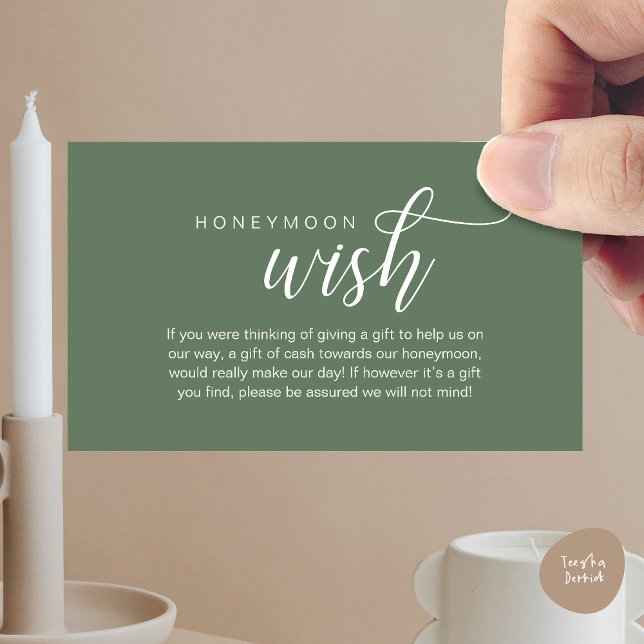 Cartão De Informações Desejo de Lua de Casamento, Fundo, Dinheiro, Cláss (Wedding Honeymoon Wish, Fund, Cash, Modern Classy Enclosure Card, Forest Sage Green Greenery)