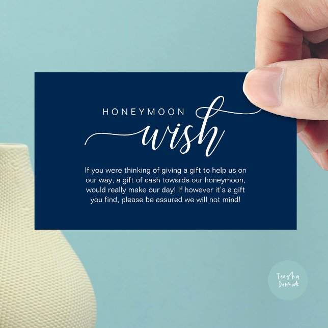 Cartão De Informações Desejo de Lua de Casamento, Fundo, Dinheiro, Cláss (Wedding Honeymoon Wish, Fund, Cash, Modern Classy Enclosure Card, Navy Blue)
