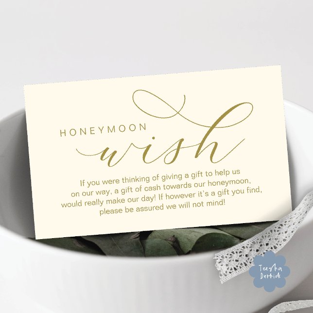Cartão De Informações Desejo de Lua de Honra de Casamento, Fundo, Mínimo (Wedding Honeymoon Fund, Wish, Cash, Modern romantic minimalist Enclosure Card Aesthetic Yellow Gold)