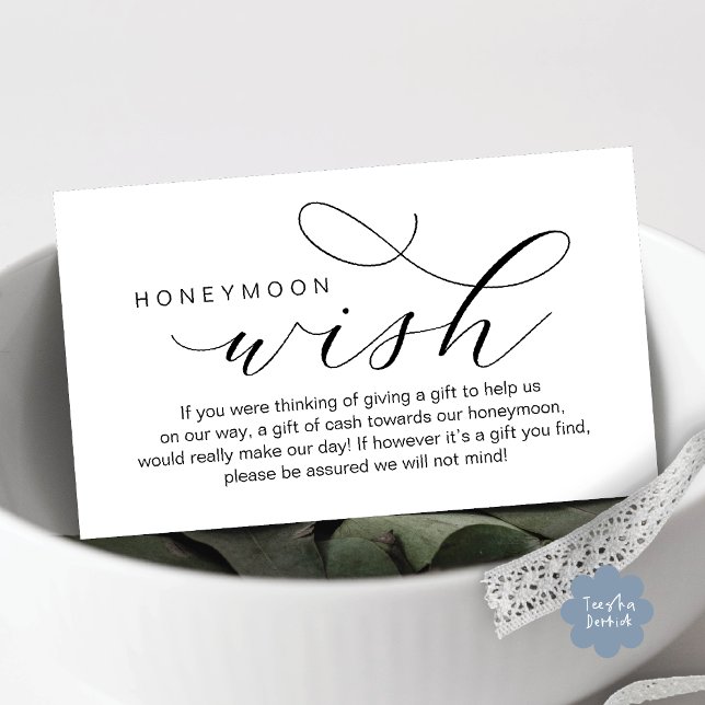 Cartão De Informações Desejo de Lua de Honra de Casamento, Fundo, Mínimo (Wedding Honeymoon Fund, Wish, Cash, Modern romantic minimalist Enclosure Card in Black White)