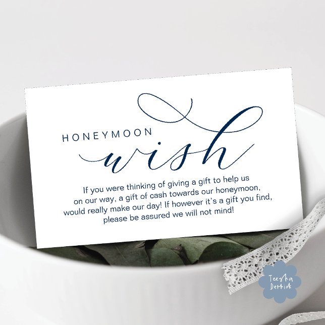 Cartão De Informações Desejo de Lua de Honra de Casamento, Fundo, Mínimo (Wedding Honeymoon Fund, Wish, Cash, Modern romantic minimalist Enclosure Card in Navy Blue)