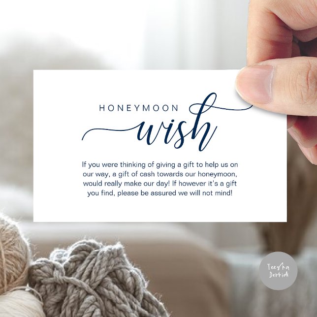 Cartão De Informações Desejo de Lua de Mel de Casamento, Fundo, Dinheiro (Wedding Honeymoon Wish, Fund, Cash, Modern Classy Enclosure Card, Navy Blue)