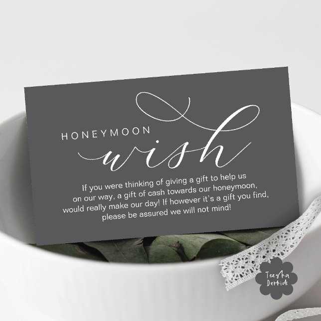 Cartão De Informações Desejo de Lua de Mel de Casamento, Fundo, Minimali (Wedding Honeymoon Fund, Wish, Cash, Modern romantic minimalist Enclosure Card in Dark Grey)