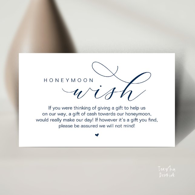 Cartão De Informações Desejo de Lua de Mel, Moderno e Elegante  (Wedding Honeymoon Wish, Cash, Modern elegance minimal Enclosure Card cute heart in Classy Navy Blue)