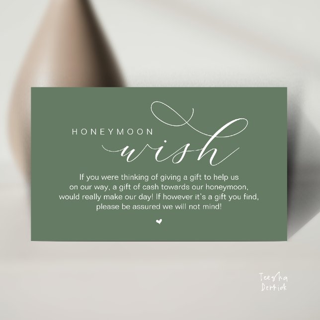 Cartão De Informações Desejo de Lua de Mel, Moderno e Elegante  (Wedding Honeymoon Wish, Cash, Modern elegance minimal Enclosure Card cute heart in Sage Green)