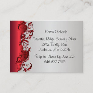 Cartão De Informações Design de Casamento Vermelho e Silver Florid Elega