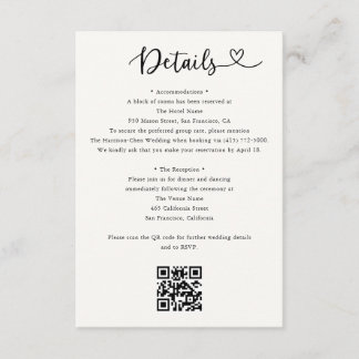 Cartão De Informações Details Heart QR Code RSVP Wedding  Enclosure Card