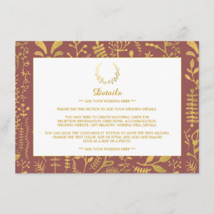 Cartão De Informações Detalhe de Casamento da Terra Floral Dourada Elega