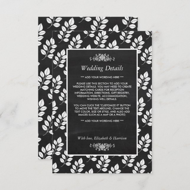 Cartão De Informações Detalhe de Casamento de Folha Floral Chalkboard (Frente/Verso)