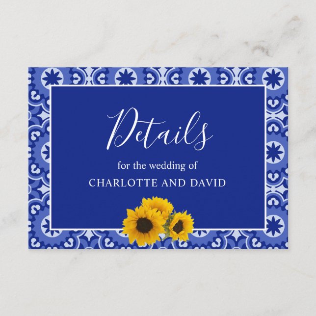 Cartão De Informações Detalhe de Casamento de Girassol Azul Moderno (Frente)