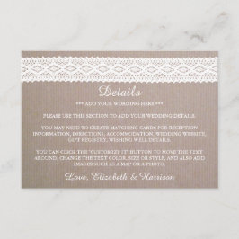 Cartão De Informações Detalhe de Casamento de Raça Branca Rustic Kraft &