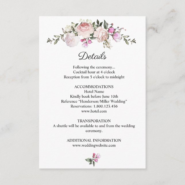 Cartão De Informações Detalhe de Casamento de Rosas Rosa Floral de Water (Frente)