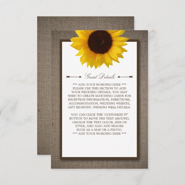 Cartão De Informações Detalhe de Casamento de Sunflower e Burlap Rustic  (Frente/Verso)
