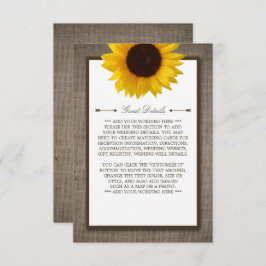 Cartão De Informações Detalhe de Casamento de Sunflower e Burlap Rustic