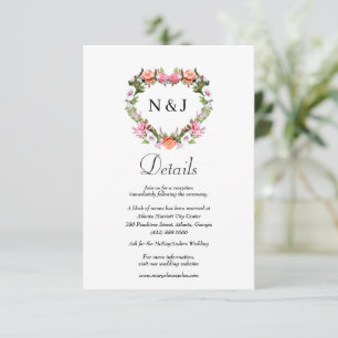Cartão De Informações Detalhe de Casamento do Coração Floral Rosa Românt