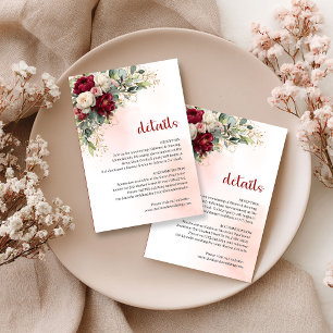 Cartão De Informações Detalhe de casamento floral dourado com rubor burg