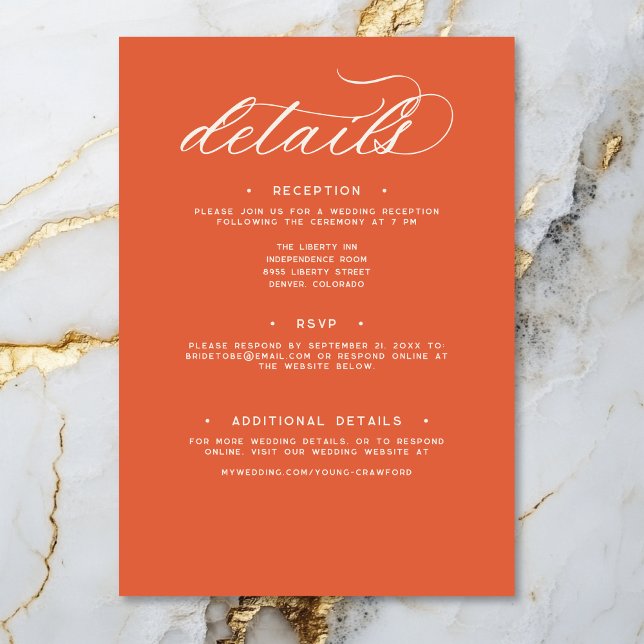 Cartão De Informações Detalhe de Casamento Mínimo do Script Laranja Mode (Modern Sunset Orange Script Minimal Wedding Detail Enclosure Card)