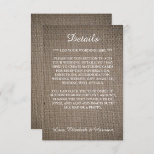 Cartão De Informações Detalhe de Casamento Rustic Burlap