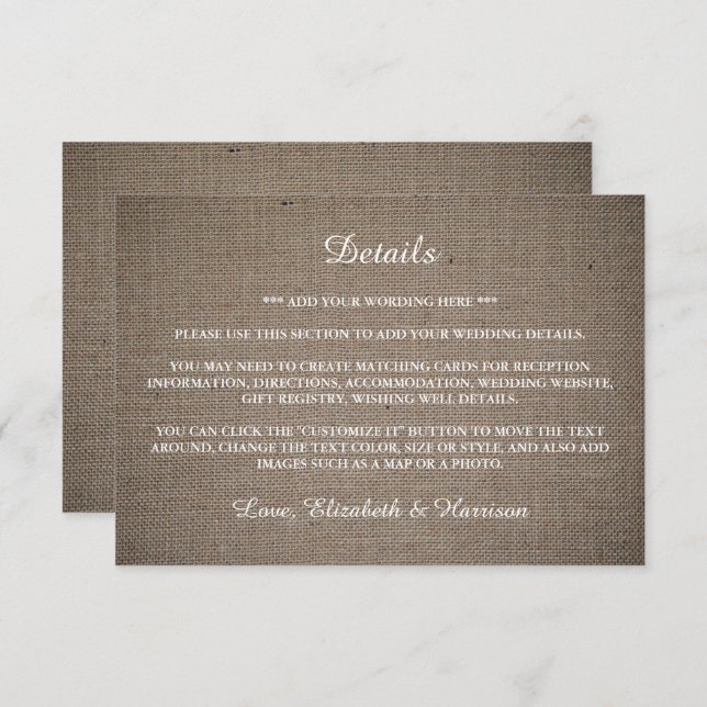 Cartão De Informações Detalhe de Casamento Rustic Burlap (Frente/Verso)
