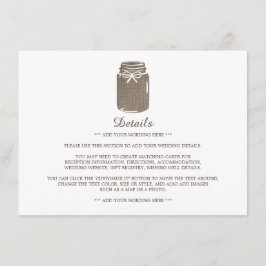 Cartão De Informações Detalhe de Casamento Rustic Burlap Mason Jar