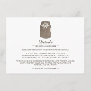 Cartão De Informações Detalhe de Casamento Rustic Burlap Mason Jar