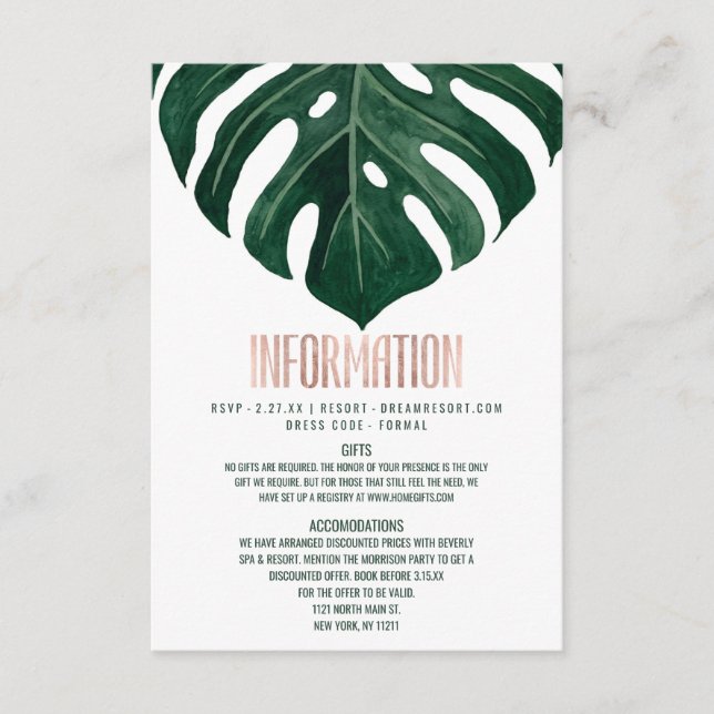 Cartão De Informações Detalhe Dourado de folha de queijo suíço tropical  (Frente)